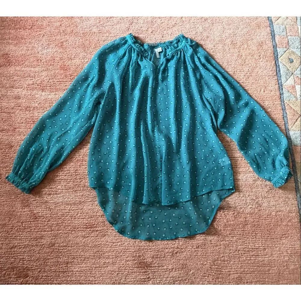 ELLE Teal Sheer Polka Dot Peasant Blouse Size L